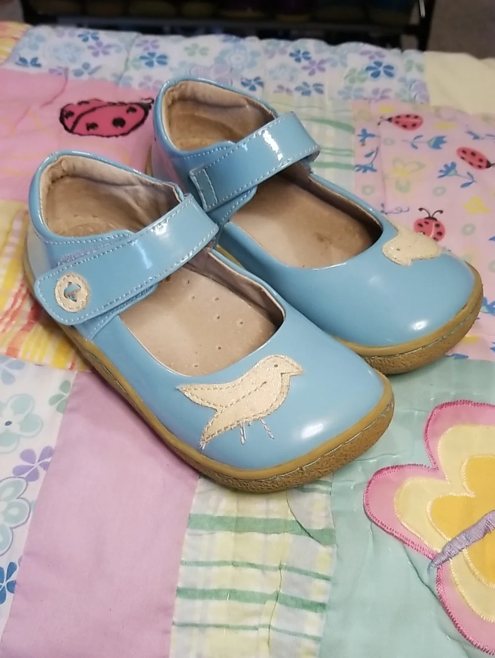 Livie & Luca Light Blue Patent Leather Mary Jane W/Glitter Bird Size 11 Pio Pio